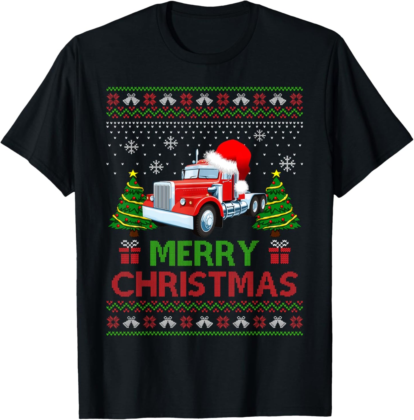 Merry Christmas Red Semi Truck Santa Hat Ugly Xmas Men Boys T-Shirt - T-Shirt | Black