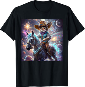 Cat Cowboy Rainbow Galaxy Kitten Riding Horse Cowboy Hat T-Shirt - T-Shirt | Black