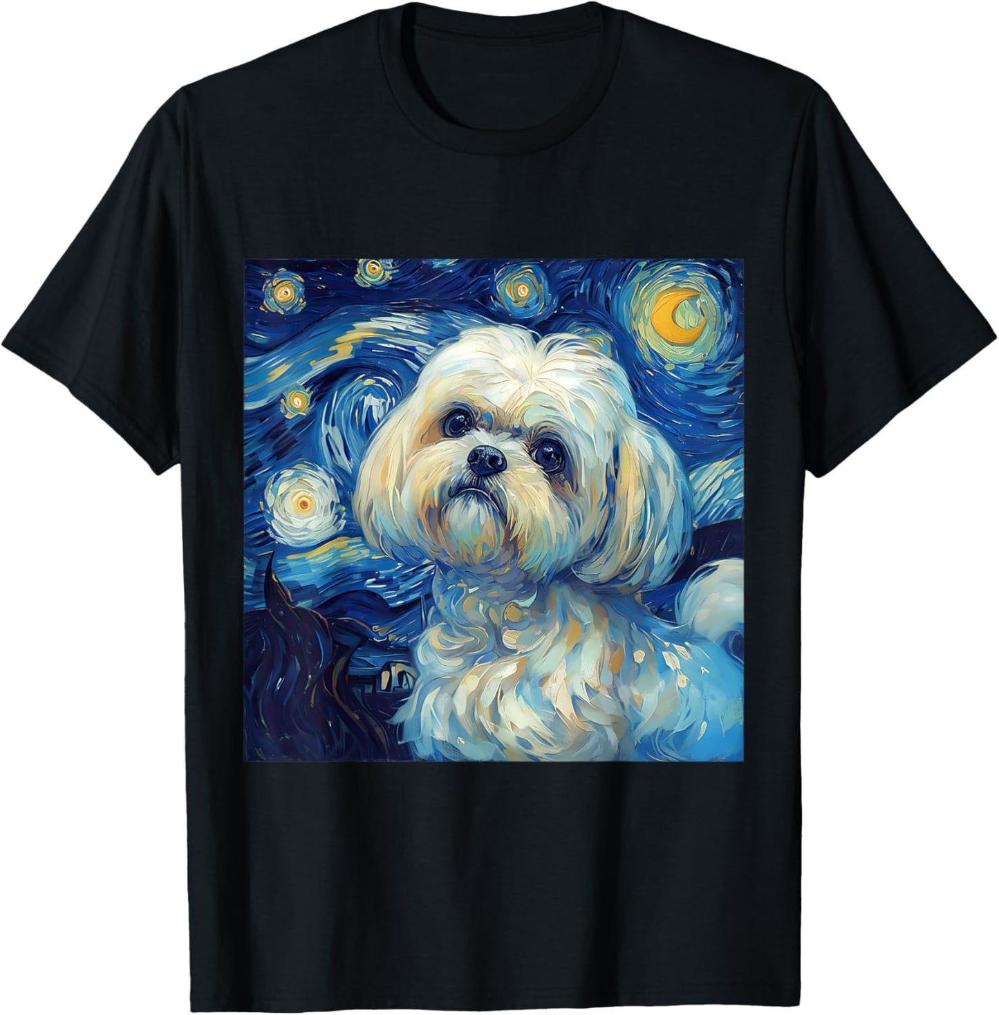 Maltese Dog Starry Night Vincent Van Gogh Painting T-Shirt - T-Shirt | Black