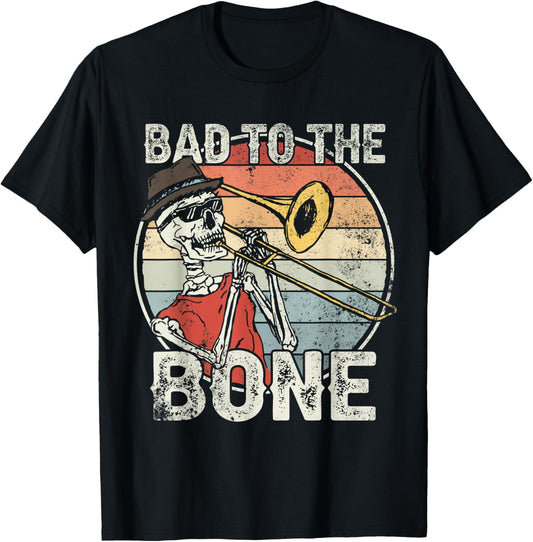 Trombone Bad to the Bone Retro Skeleton Marching Band Player T-Shirt - T-Shirt | Black