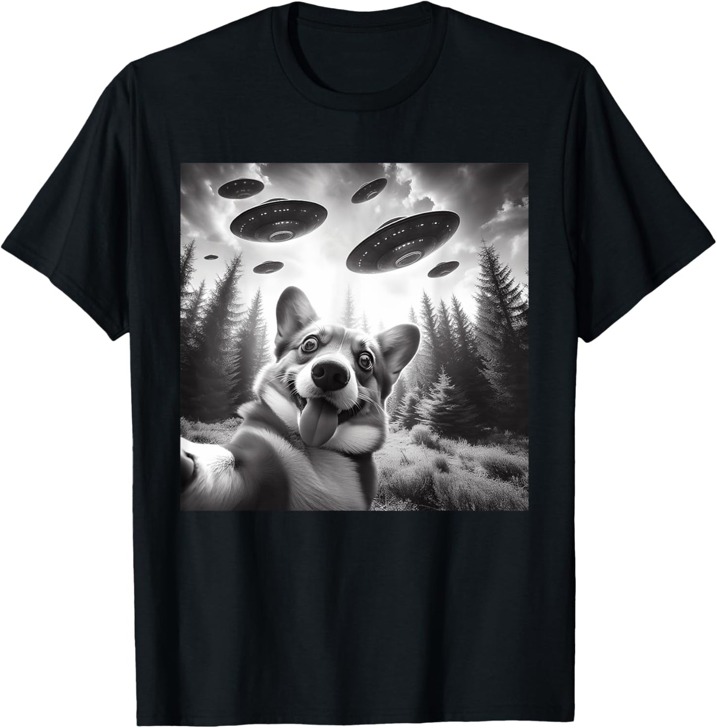 Corgi Dog Taking Selfie with UFOs Outer Space Alien Geeks Men Women Kids T-Shirt - T-Shirt | Black