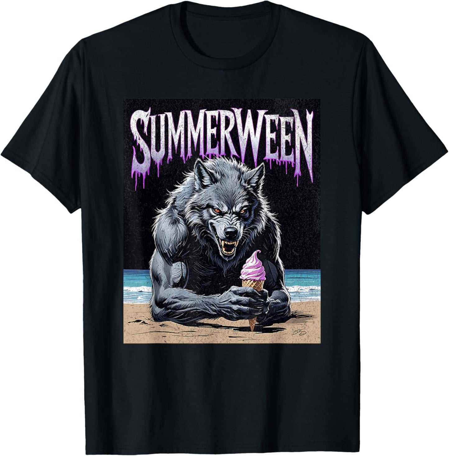 Summerween Werewolf Ice Cream Gothic Halloween Beach T-Shirt - T-Shirt | Black