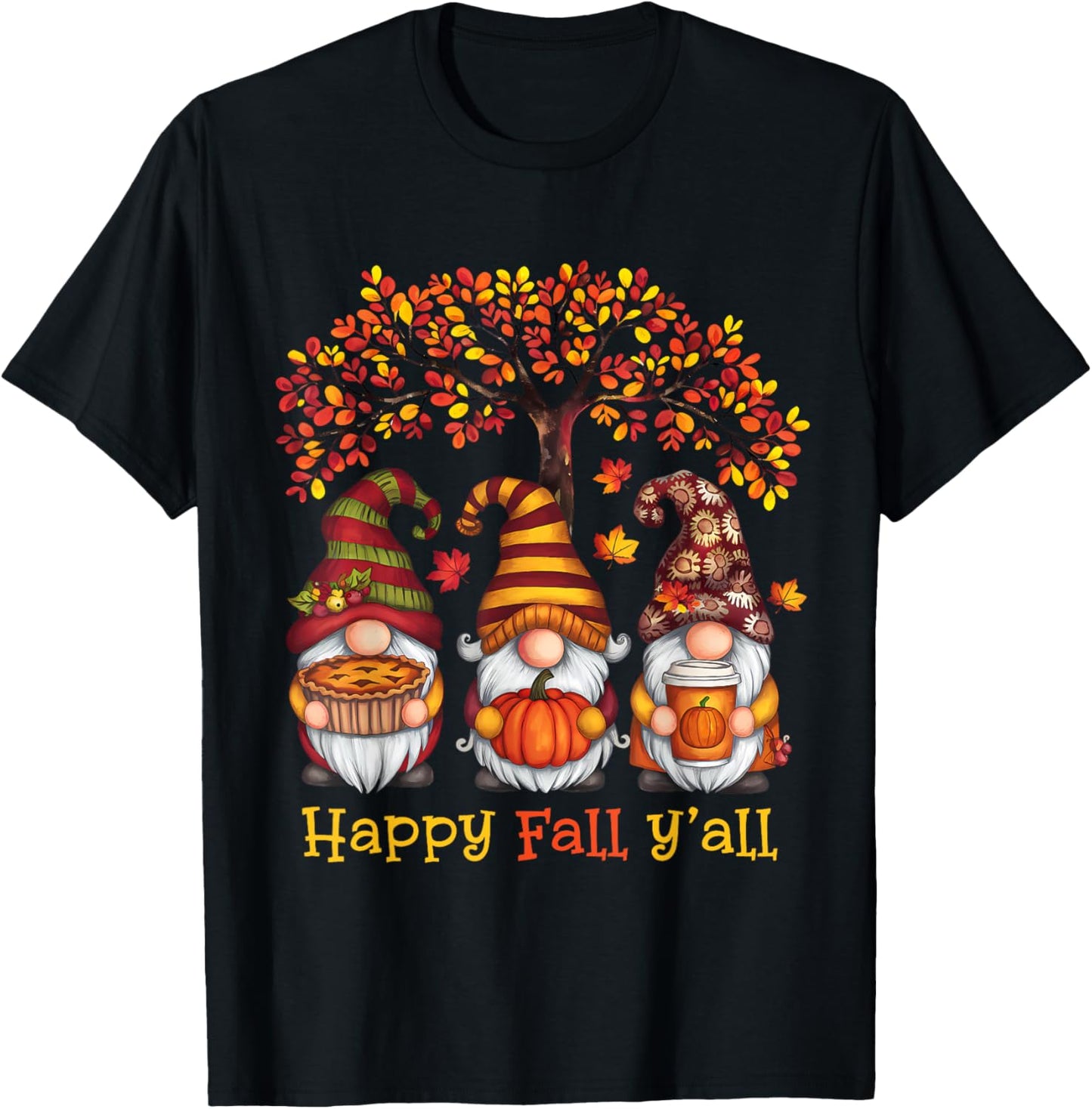 Happy Fall Autumn Leaves Pumpkin Garden Gnomes T-Shirt - T-Shirt | Black