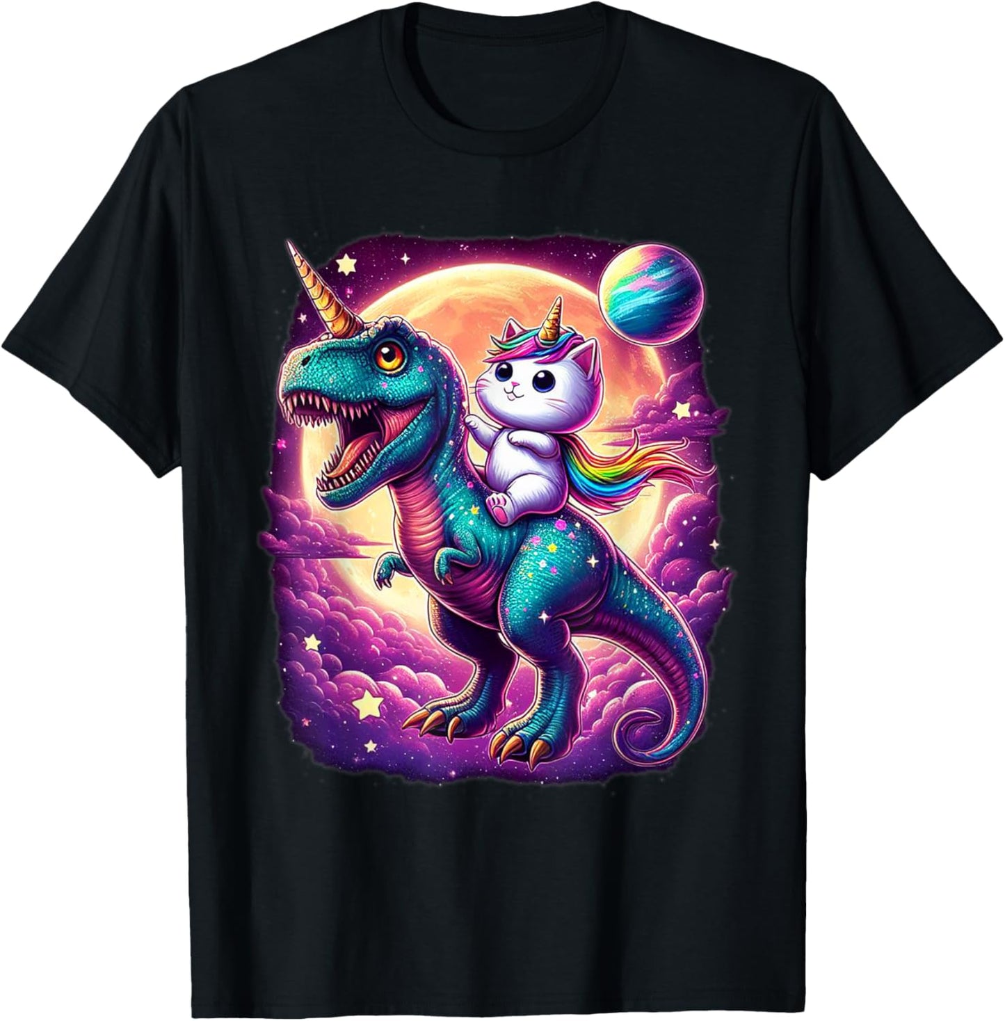 Cat Unicorn Riding Dinosaur T rex Kitten Lover Space Galaxy T-Shirt - T-Shirt | Black