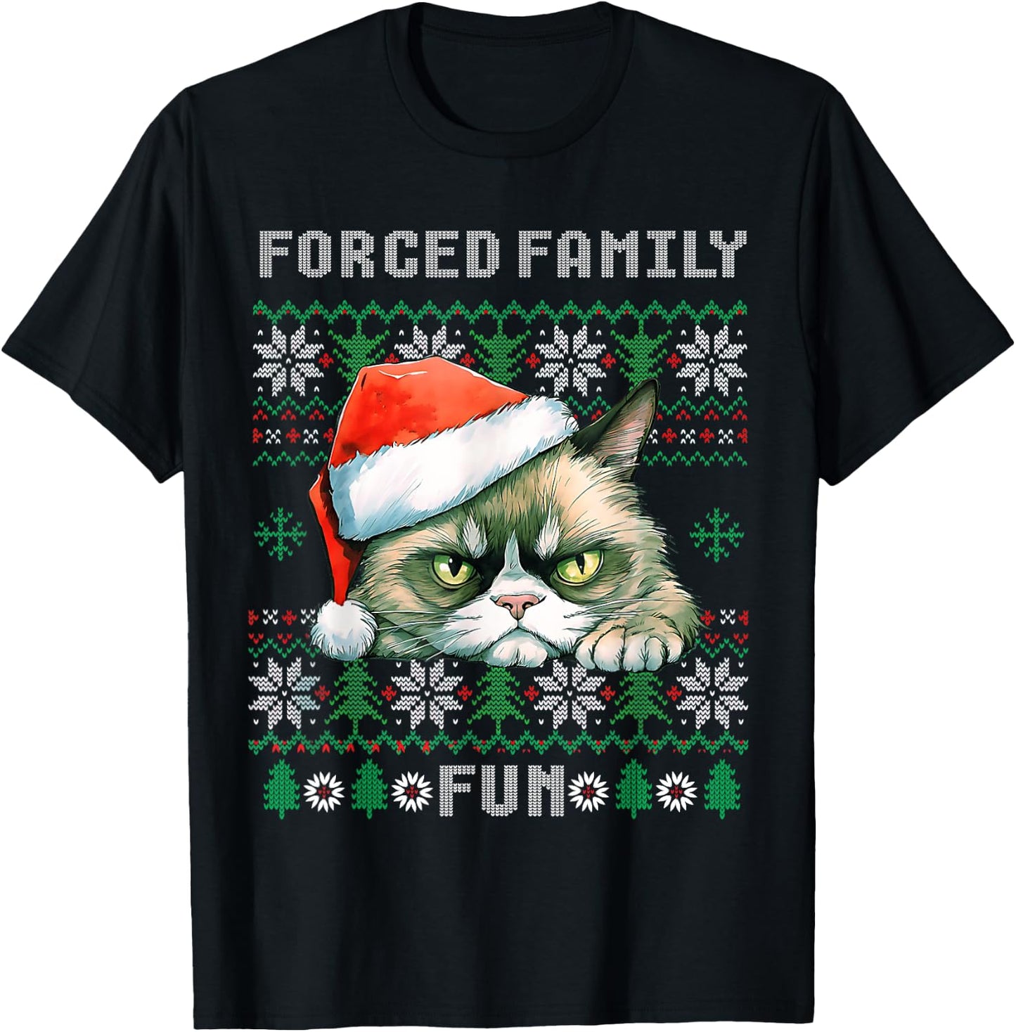 Forced Family Xmas Fun Funny Cat Lover Men Women Christmas T-Shirt - T-Shirt | Black