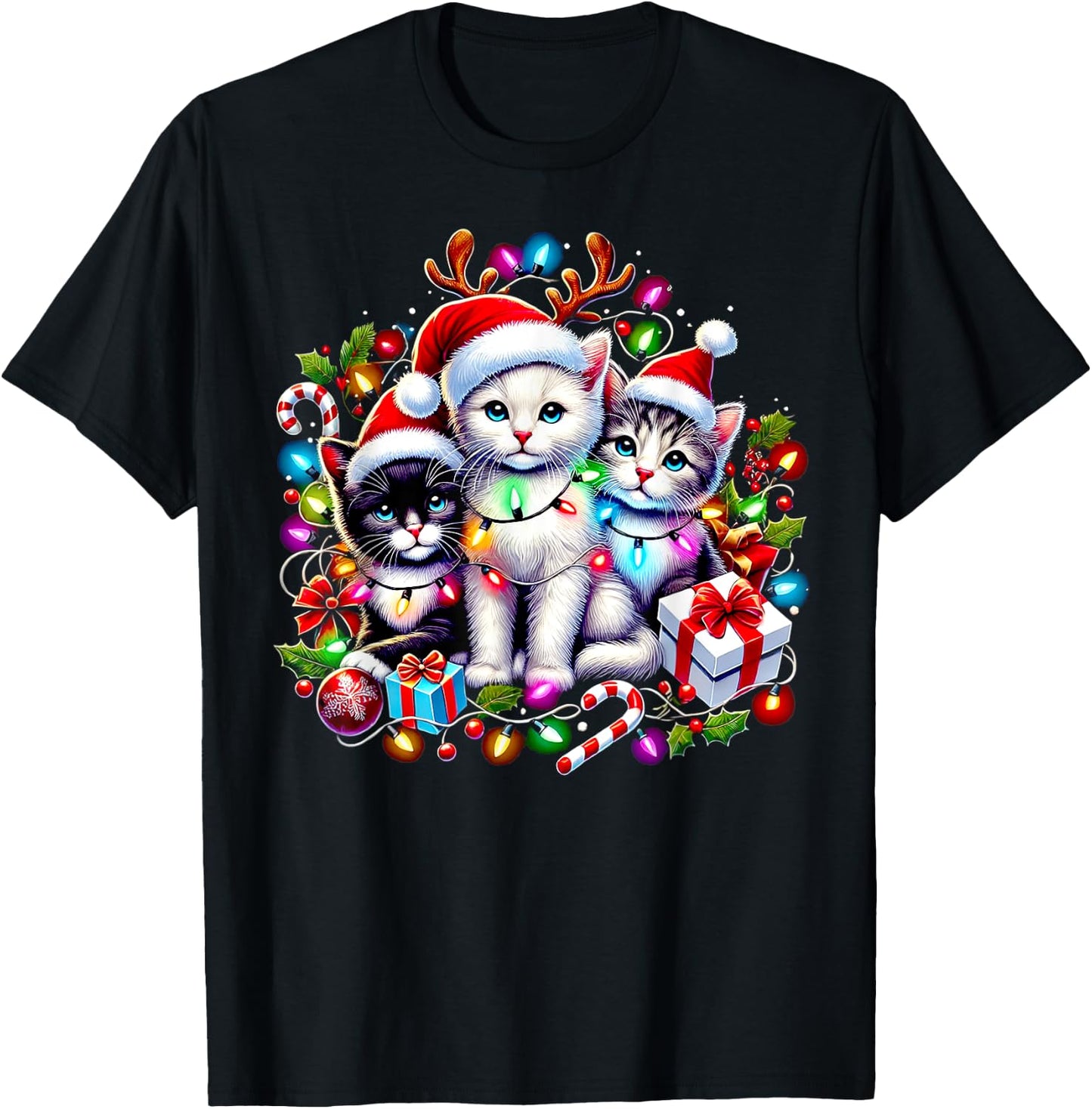 Cute Kittens Christmas Cheer Santa Hats Lights Cats Kittys T-Shirt - T-Shirt | Black