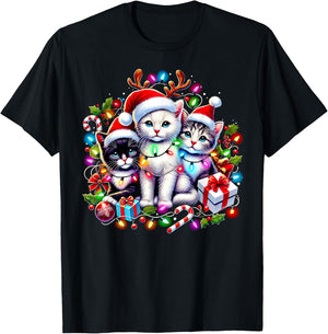 Cute Kittens Christmas Cheer Santa Hats Lights Cats Kittys T-Shirt - T-Shirt | Black