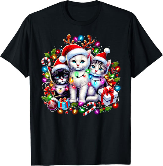 Cute Kittens Christmas Cheer Santa Hats Lights Cats Kittys T-Shirt - T-Shirt | Black