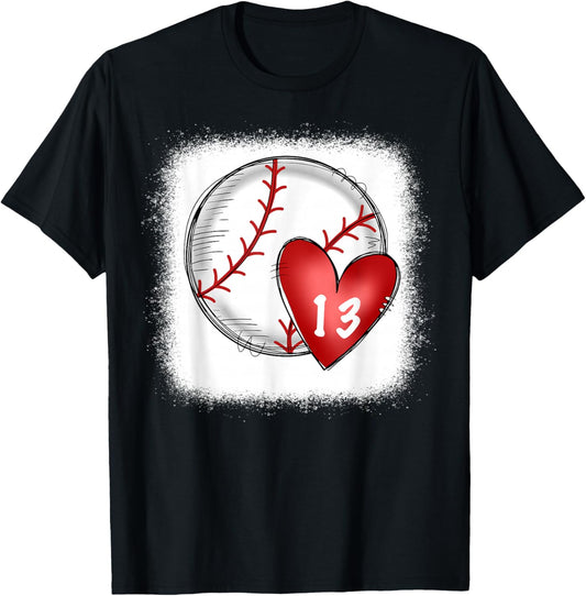 Bleached Custom Baseball Mom Number 13 Heart for Mom T-Shirt - T-Shirt | Black