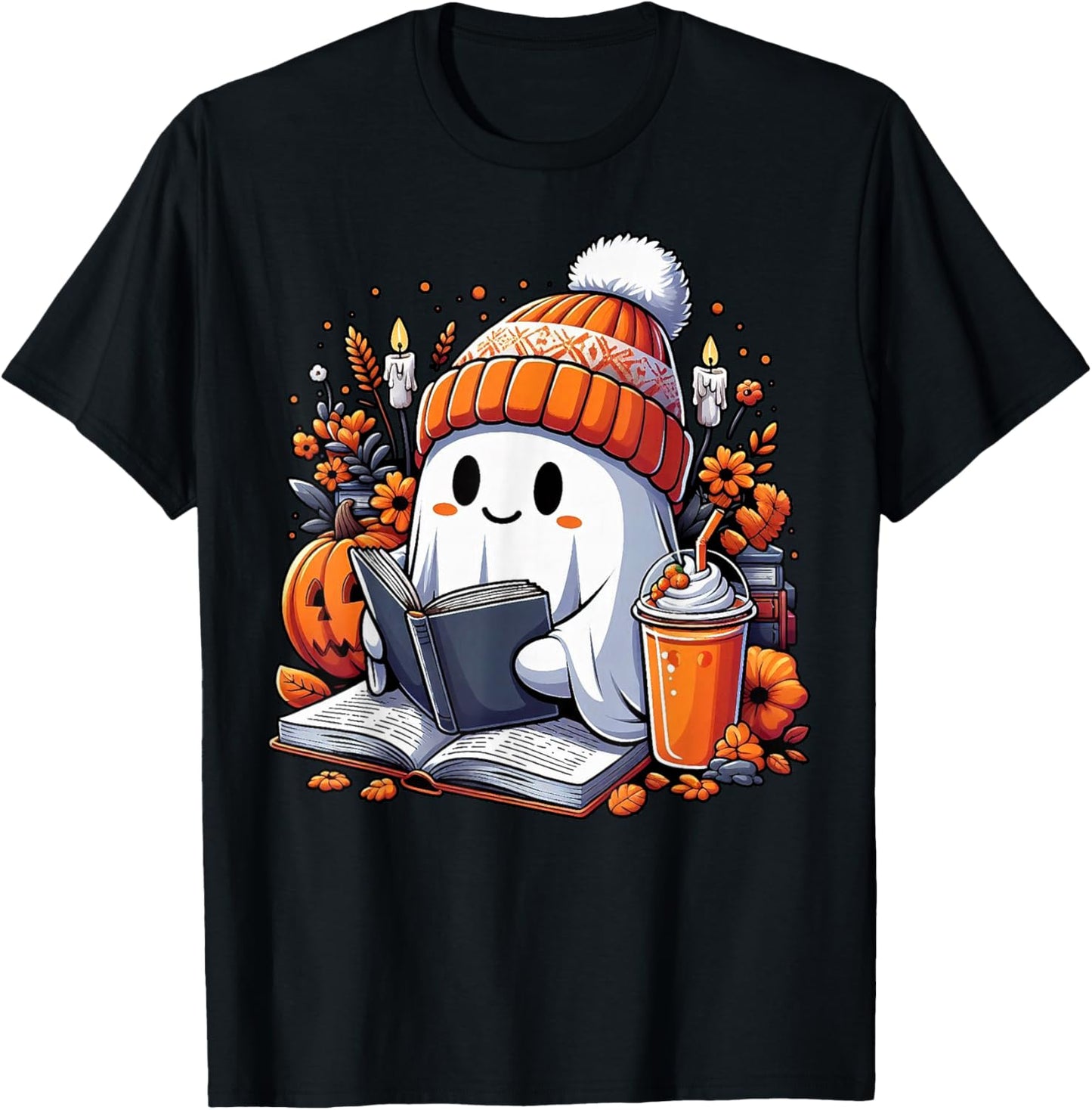 Ghost Drinking Coffee Book Reading Halloween Pumpkin Flower T-Shirt - T-Shirt | Black
