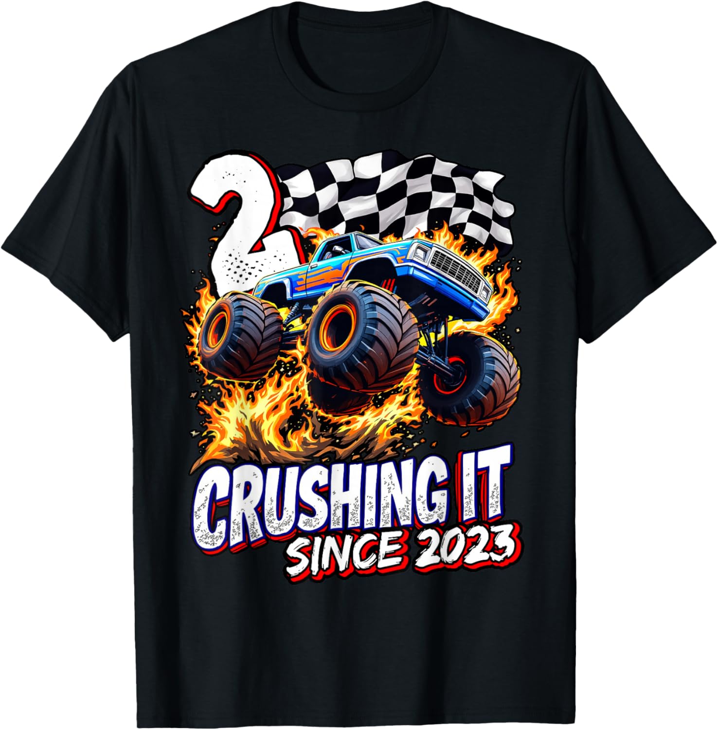 Birthday Monster Truck 2 Year Old Boys 2nd Party Born 2023 T-Shirt - T-Shirt | Black