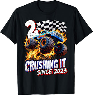 Birthday Monster Truck 2 Year Old Boys 2nd Party Born 2023 T-Shirt - T-Shirt | Black