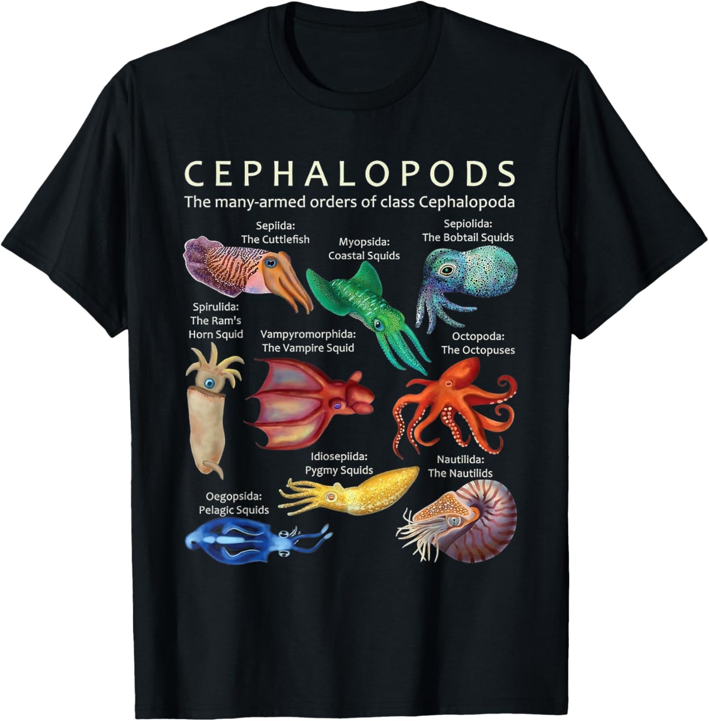 The Cephalopod Octopus Squid Cuttlefish and Nautilus Sea T-Shirt - T-Shirt | Black
