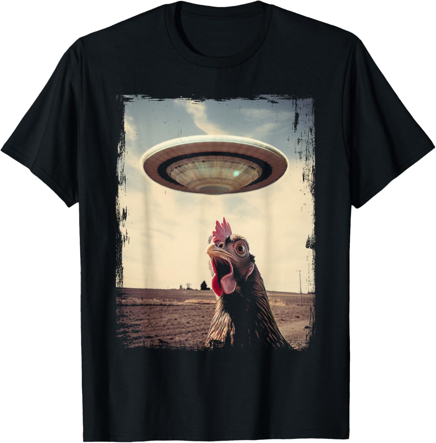 Funny Weird Chicken UFO Weirdcore Alien Believer Farmer T-Shirt - T-Shirt | Black