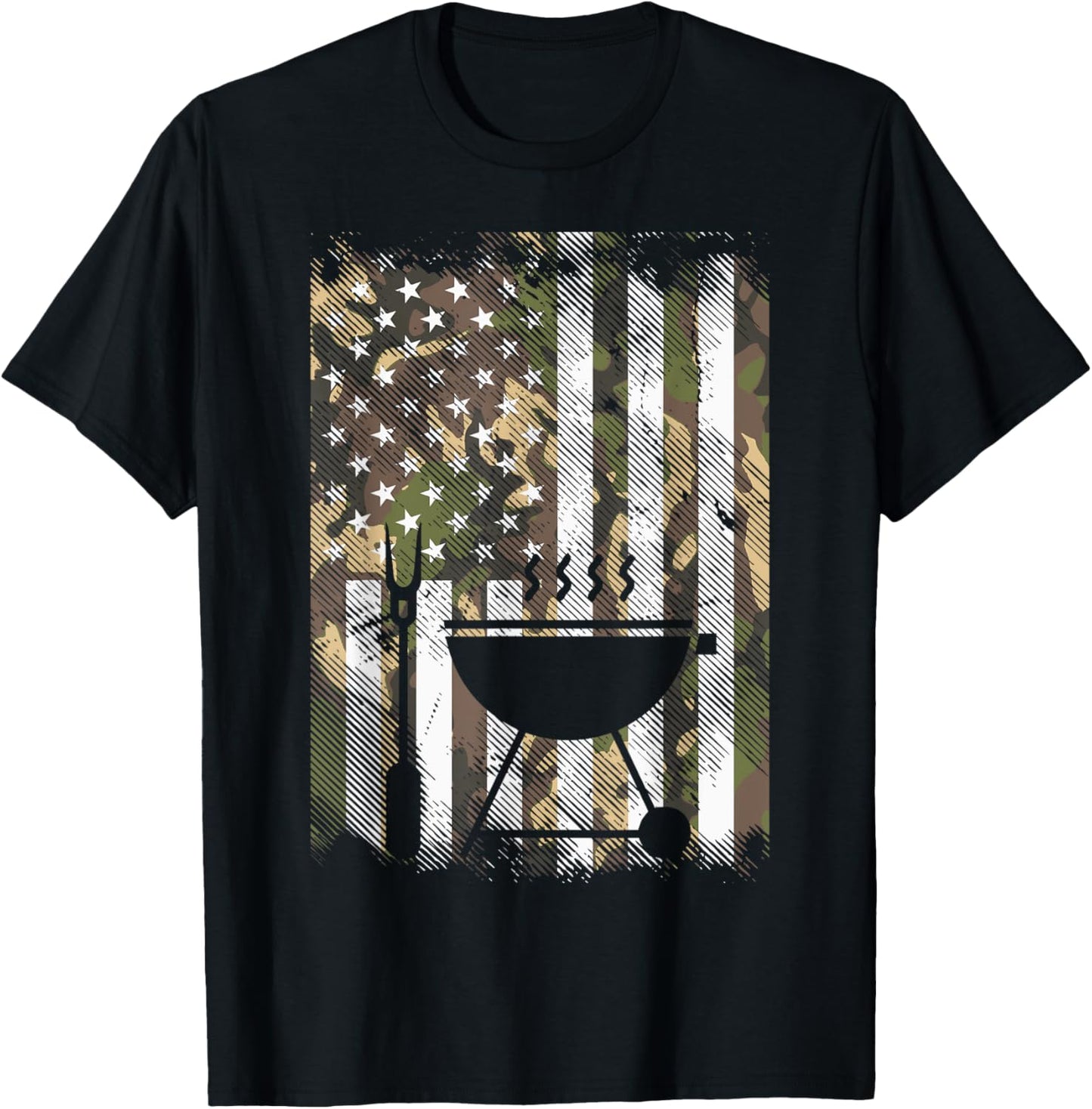 Camo US Flag Bbq Grill Vintage Grilling Smoking Patriotic T-Shirt - T-Shirt | Black