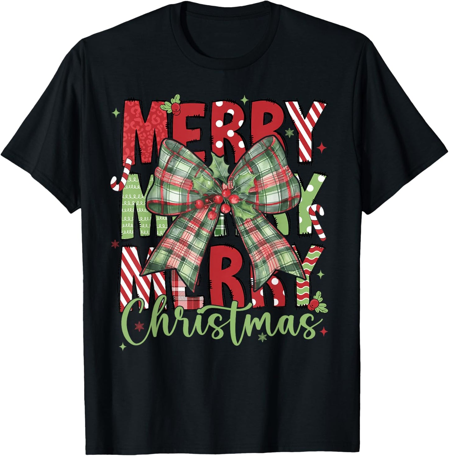 Merry Christmas Coquette Bow Xmas Pajamas Family Matching T-Shirt - T-Shirt | Black