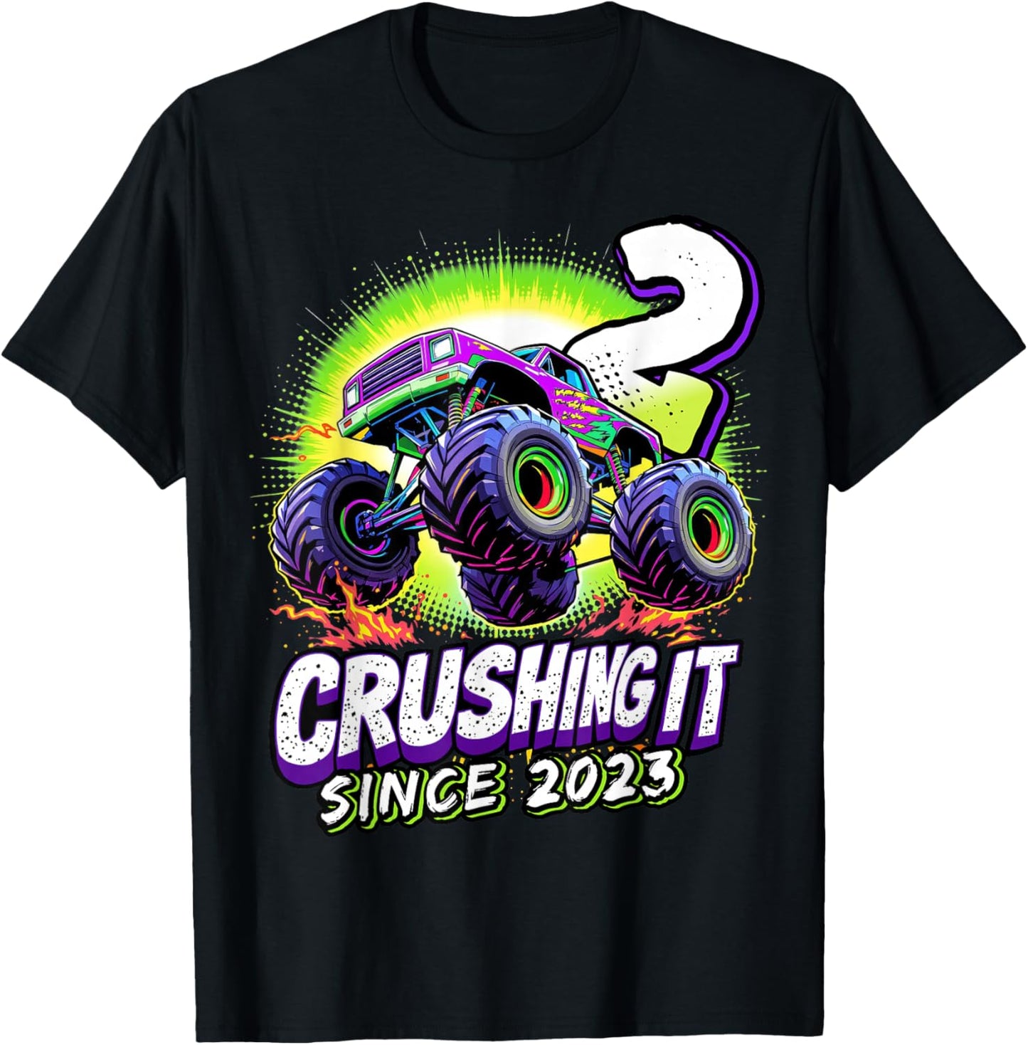 Birthday Monster Truck 2 Year Old Boys 2nd Party Born 2023 T-Shirt - T-Shirt | Black