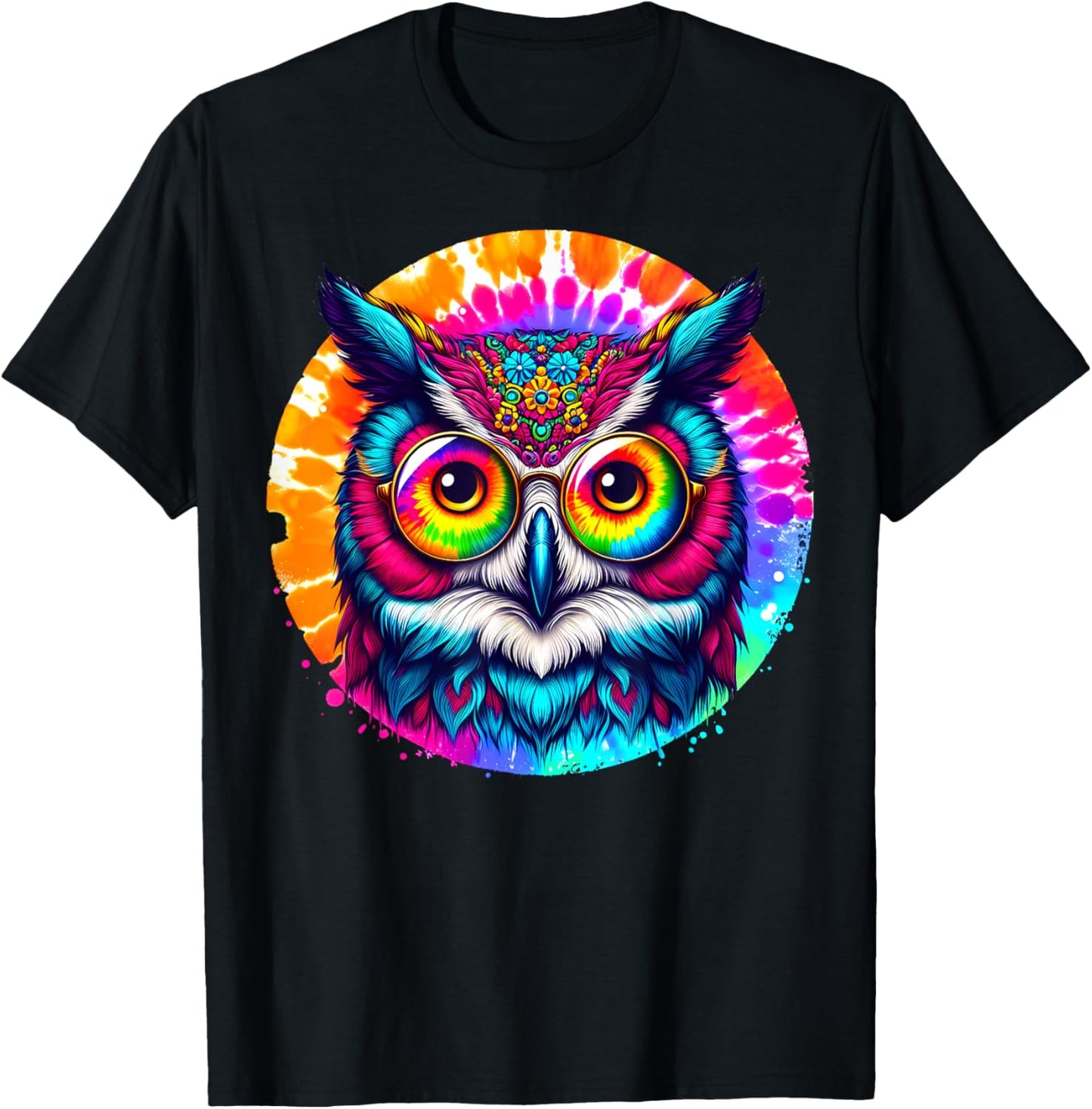 Cool Tie Dye Owl Sunglasses Bird Graphic Illustration Art T-Shirt - T-Shirt | Black