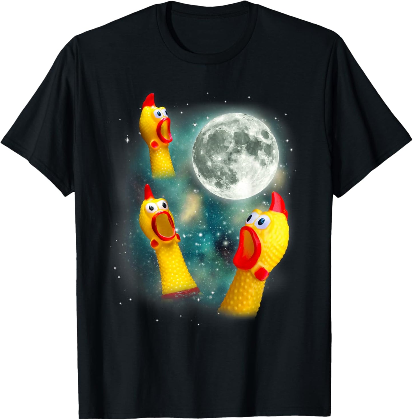 Three Rubber Chicken Moon Funny Screaming Fowl Cursed Joke T-Shirt - T-Shirt | Black