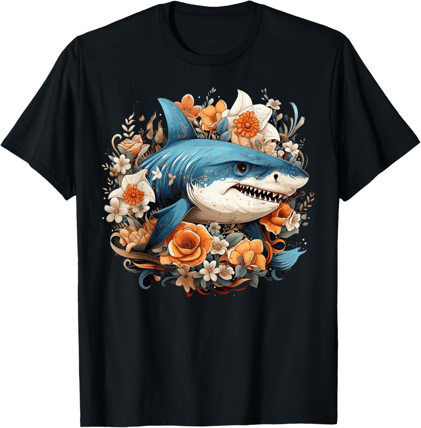Shark Flowers T-Shirt - T-Shirt | Black