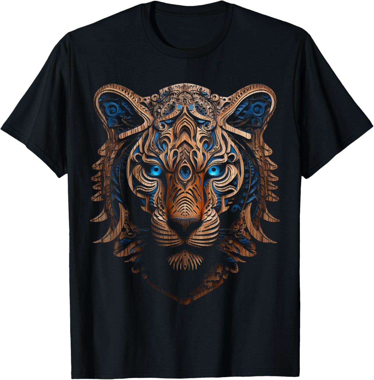 Tiger Sculpture Blue Eyes Animal Art Portrait Graphic Tiger T-Shirt - T-Shirt | Black