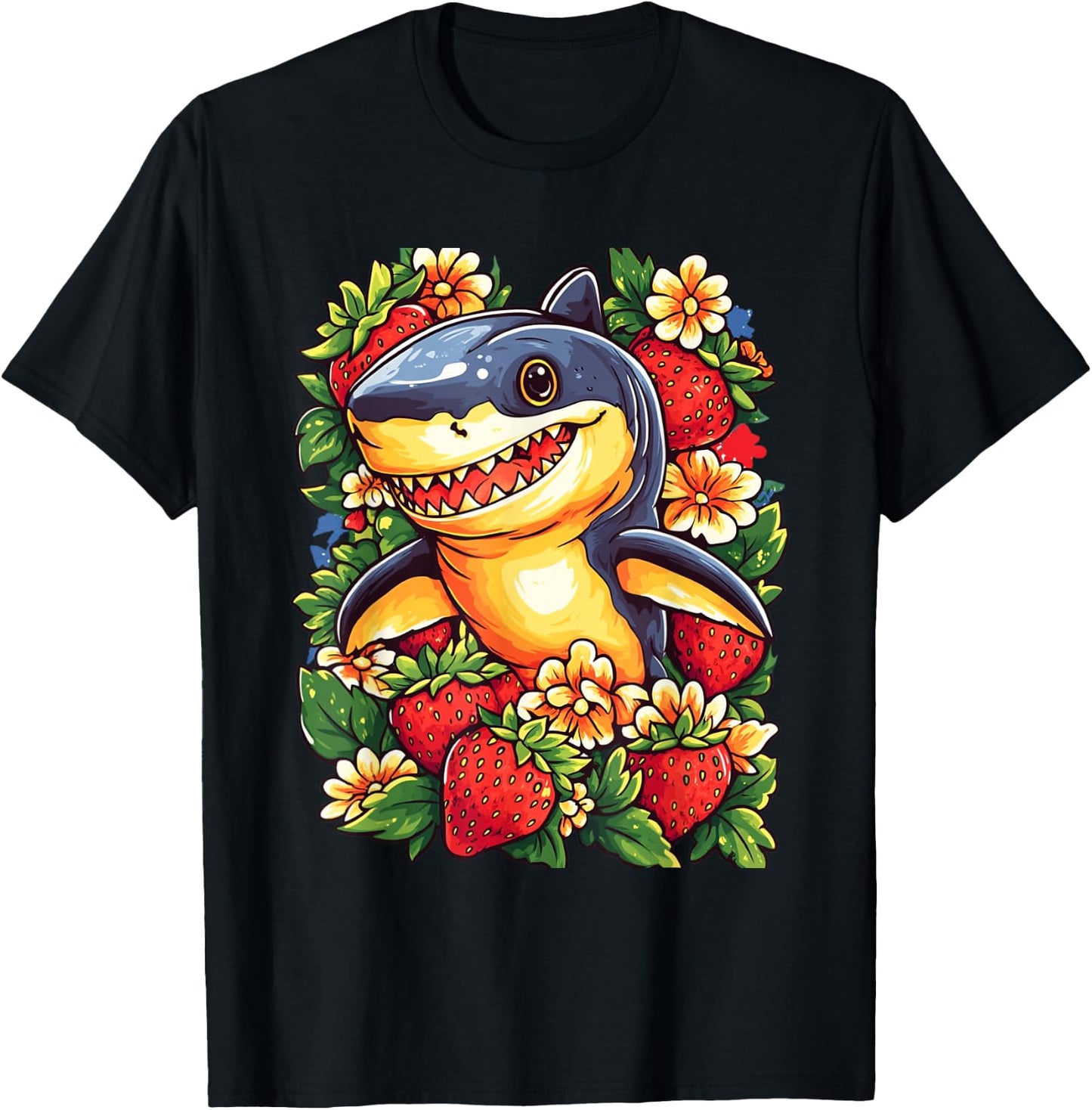 Shark Strawberries and Flowers Graphic Cute Shark T-Shirt - T-Shirt | Black