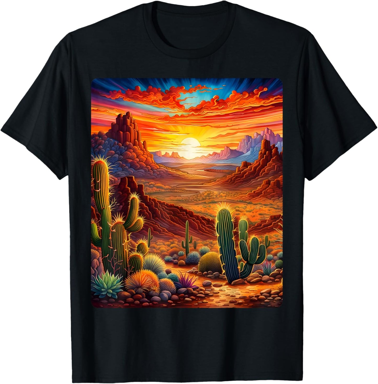 Valley Desert Sunset Sunrise Cactus Mountains Nature Clouds T-Shirt - T-Shirt | Black