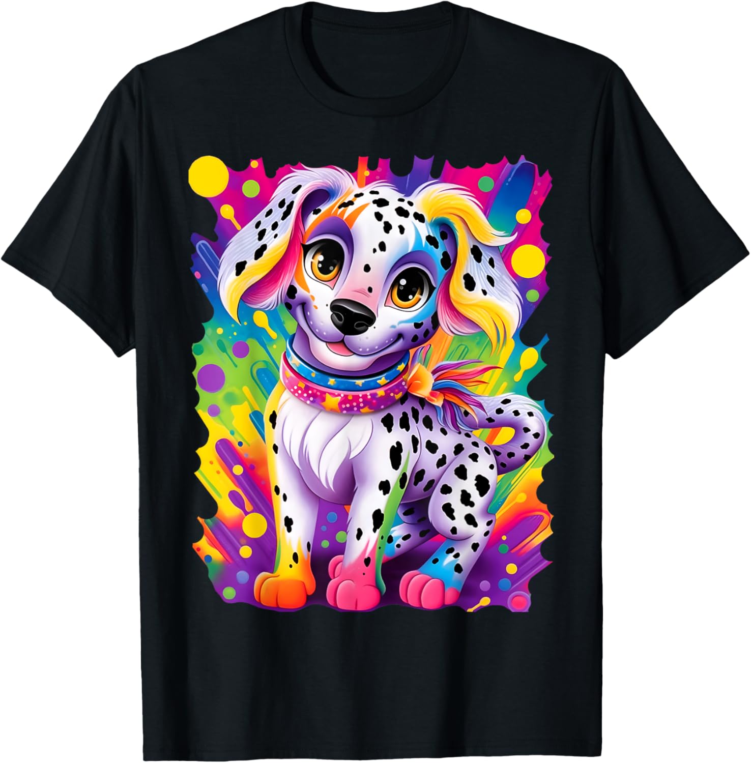 Baby Dalmatian Puppy Colorful Rainbow Vibrant Graphic T-Shirt - T-Shirt | Black