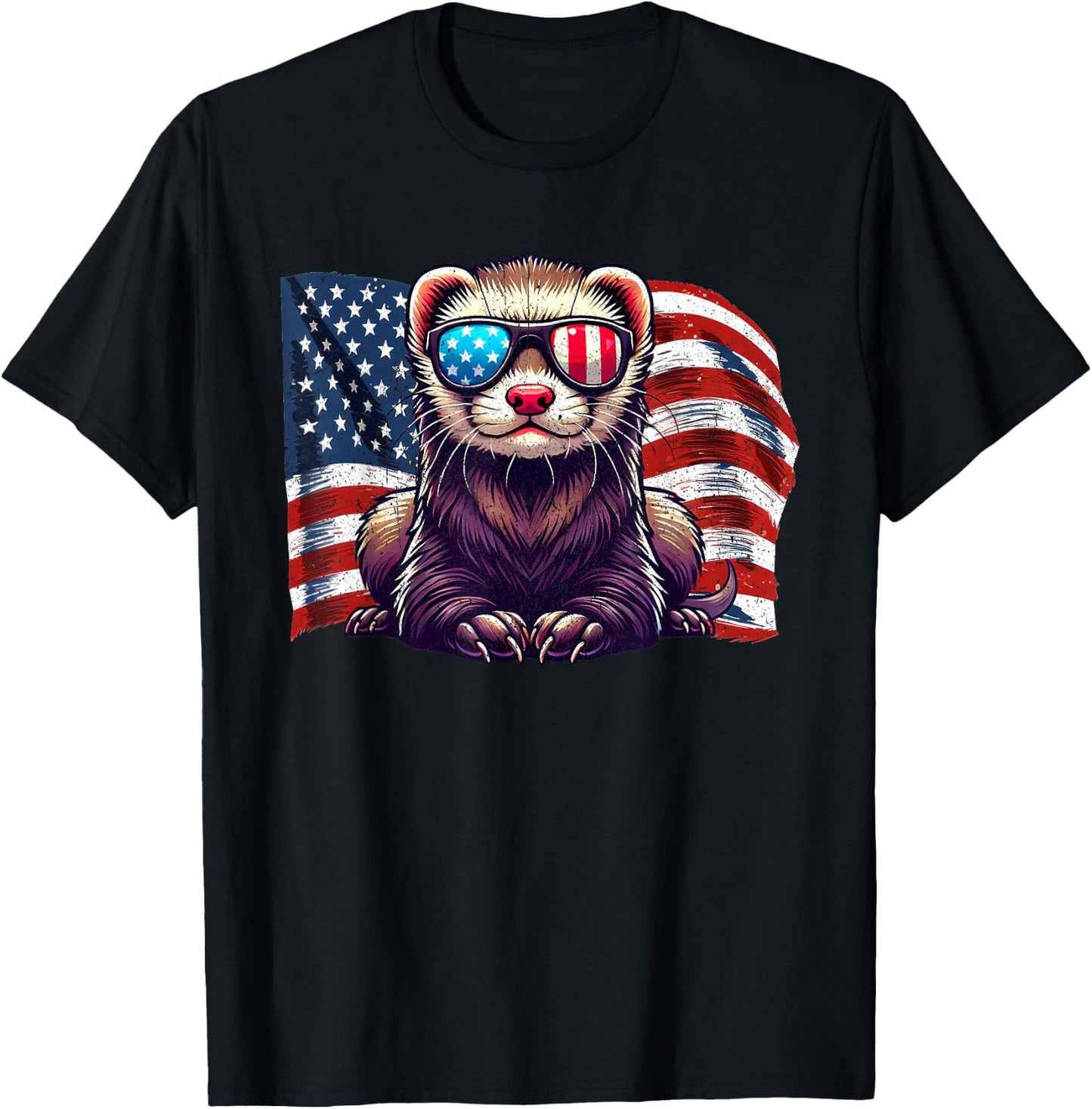 Ferret Pets Lovers Patriotic America Flag Sunglasses Vintage T-Shirt - T-Shirt | Black