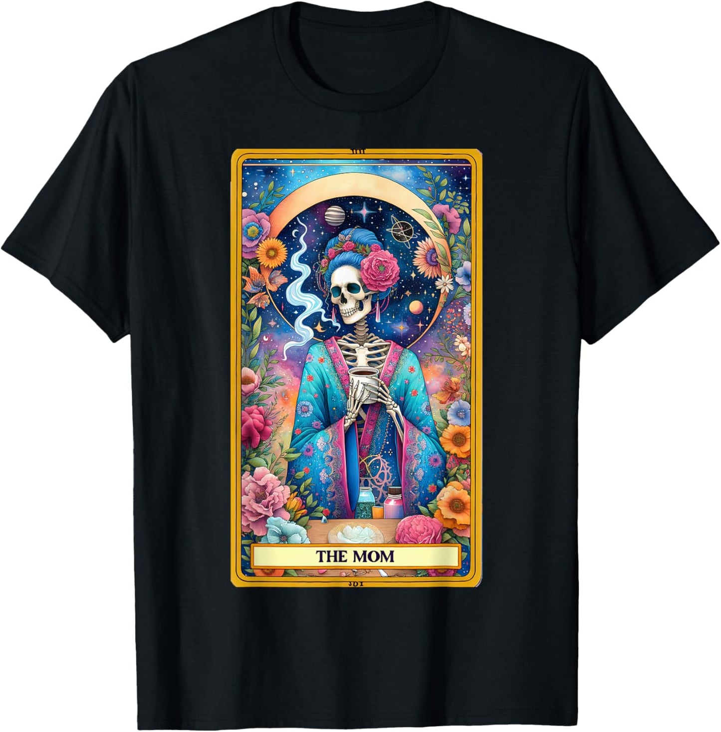 Mom Tarot Card Skeleton Skelly Messy Bun Robe Coffee Mama T-Shirt - T-Shirt | Black
