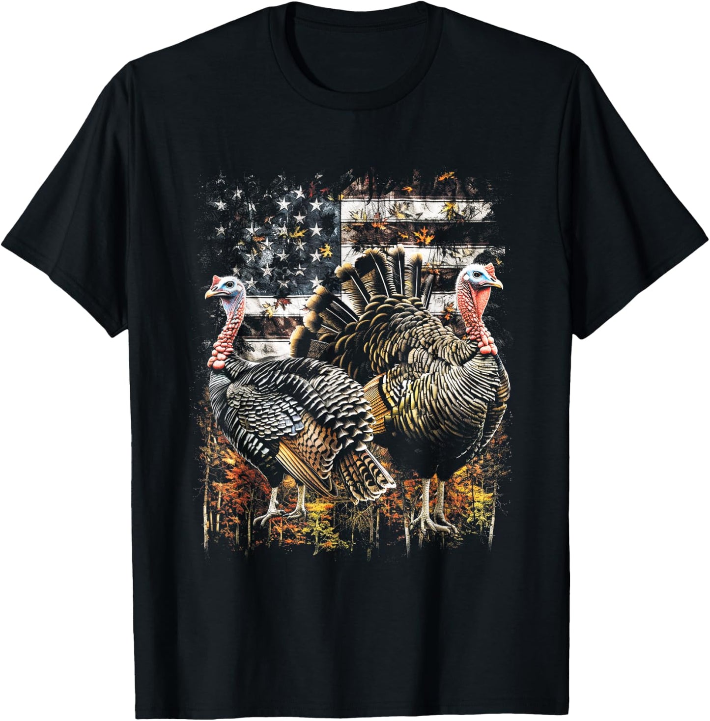 Beautiful Wild Turkey Hunting Camo American Flag T-Shirt - T-Shirt | Black