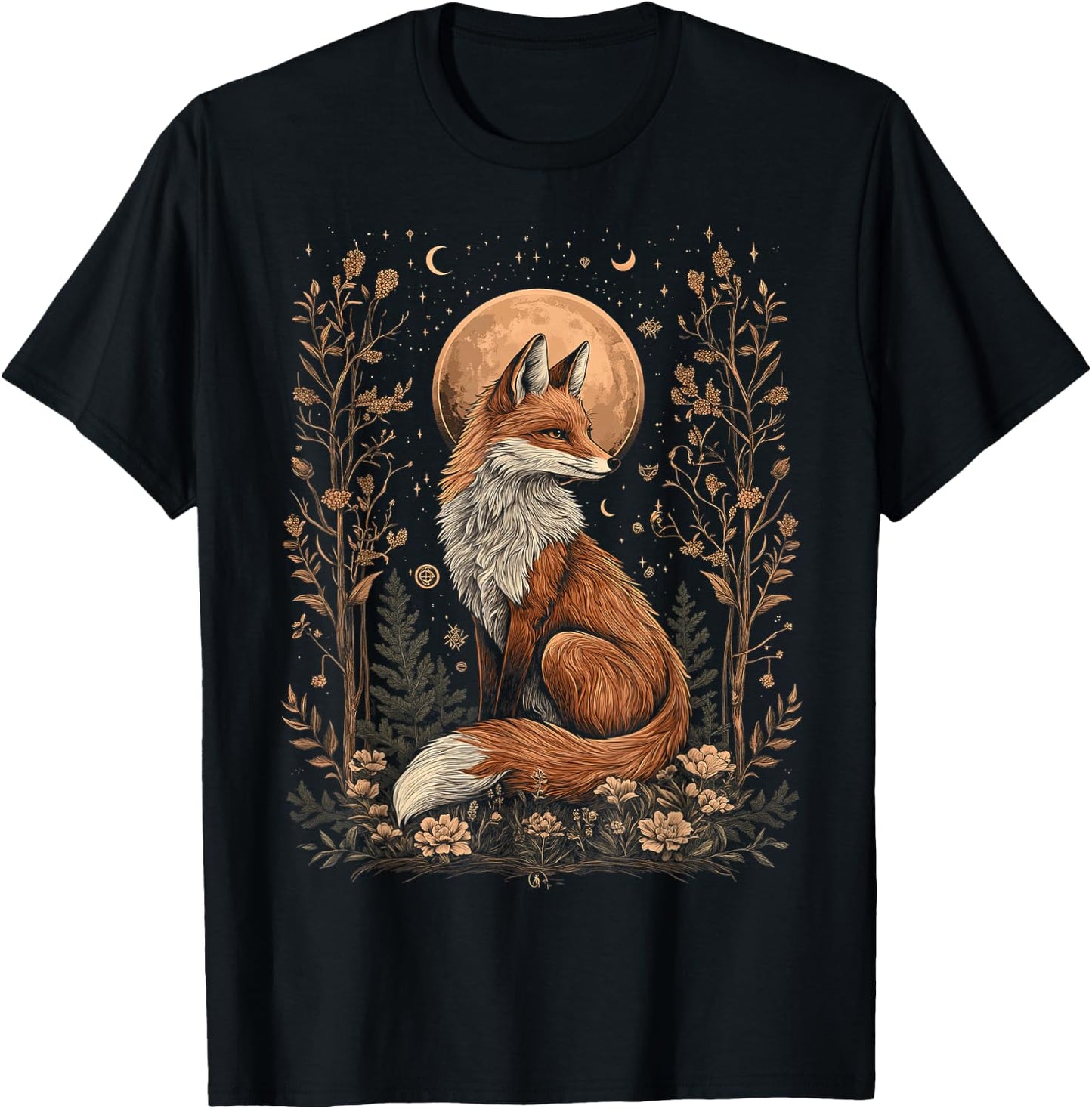 Mystic Moon and Moonphase Fox Mystical Flowers Aesthetic T-Shirt - T-Shirt | Black