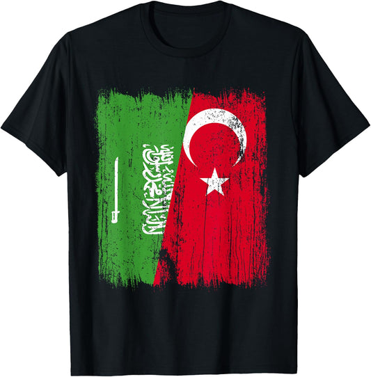 Saudi Arabia Turkey Half Flag Turkiye Saudi Arabian Turkish T-Shirt - T-Shirt | Black