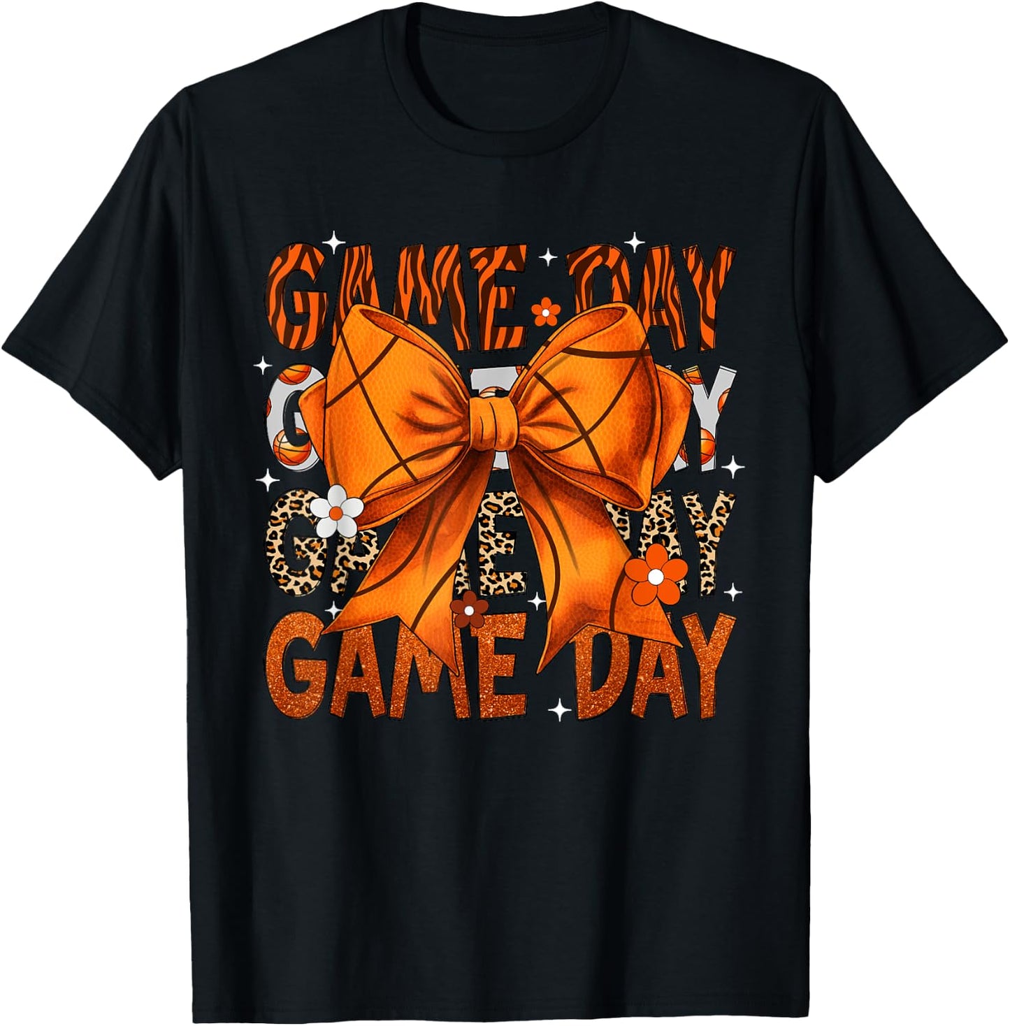 Game Day Basketball Bow Coquette Leopard Basketball T-Shirt - T-Shirt | Black