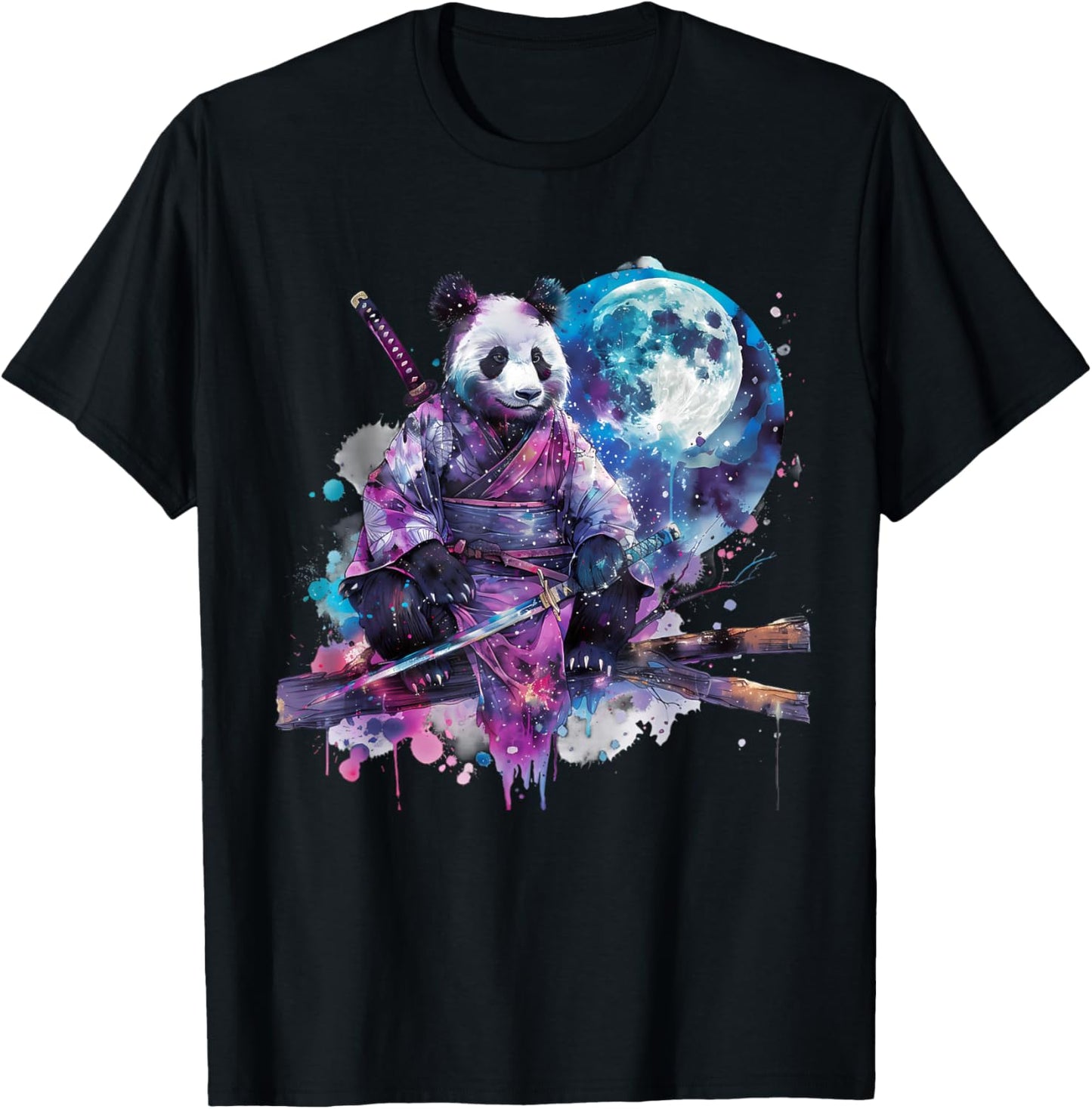 Samurai Panda Bear Japanese Samurai Panda Watercolor Artwork T-Shirt - T-Shirt | Black