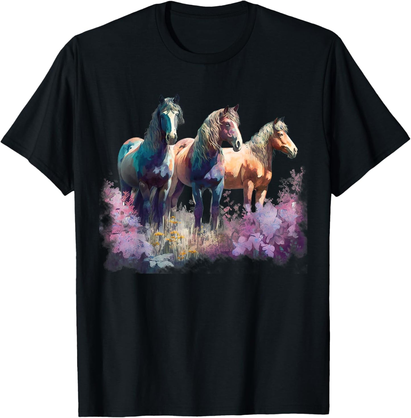 Horses Flowers Wild Mane Boho Western Southern Cowgirl T-Shirt - T-Shirt | Black