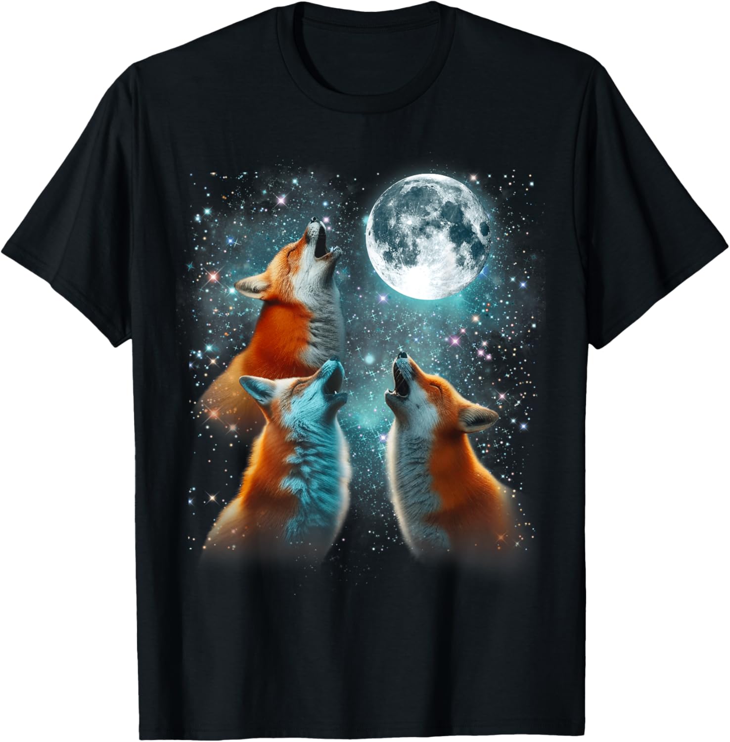 3 Fox Moon Howling Red Fox Head Funny , Women, Kid T-Shirt - T-Shirt | Black