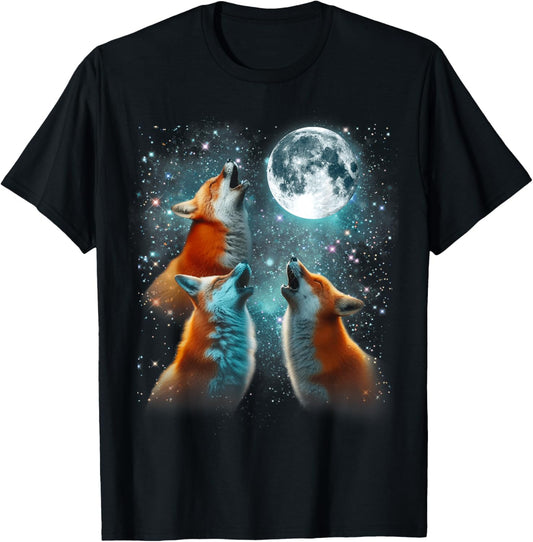 3 Fox Moon Howling Red Fox Head Funny , Women, Kid T-Shirt - T-Shirt | Black