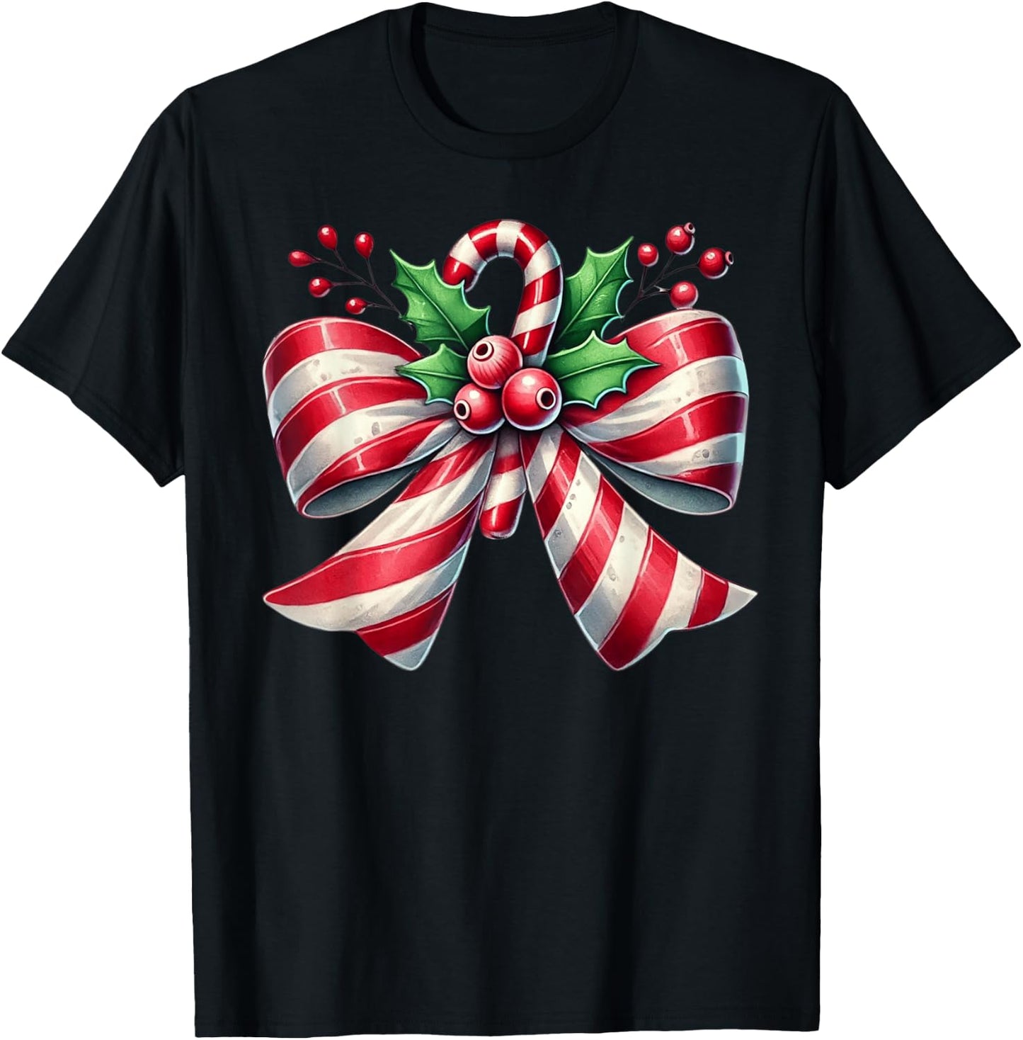 Cute Bow Candy Cane Coquette Christmas T-Shirt - T-Shirt | Black