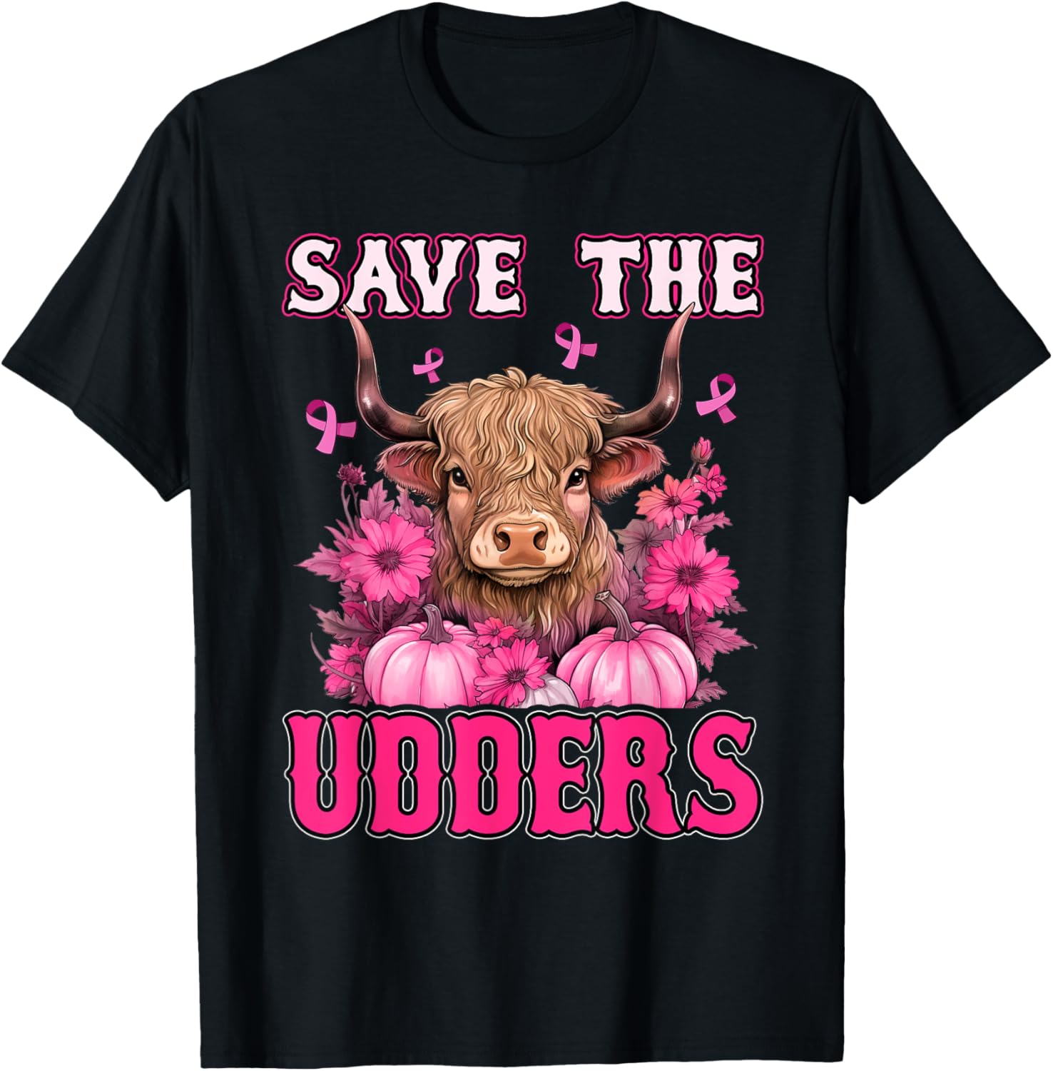 Save The Udders Messy Hair Highland Cow Pink Breast Cancer T-Shirt - T-Shirt | Black