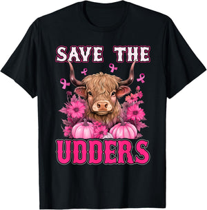 Save The Udders Messy Hair Highland Cow Pink Breast Cancer T-Shirt - T-Shirt | Black