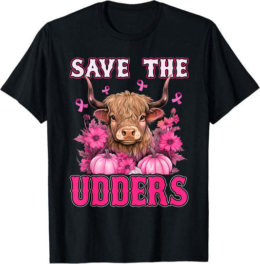Save The Udders Messy Hair Highland Cow Pink Breast Cancer T-Shirt - T-Shirt | Black