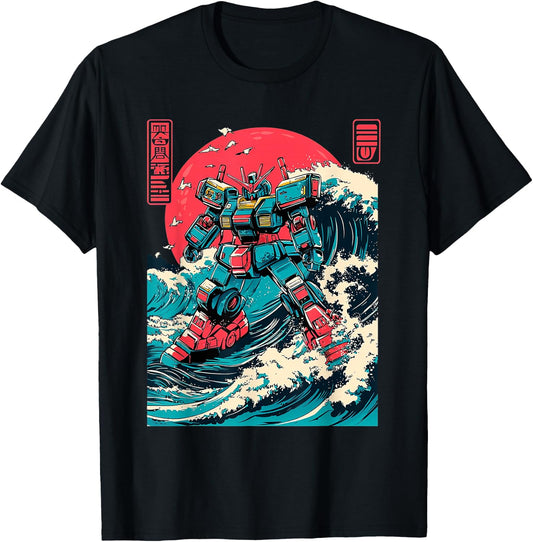 Japanese Mecha Anime Robot Retro Japanese Wave Kanagawa T-Shirt - T-Shirt | Black