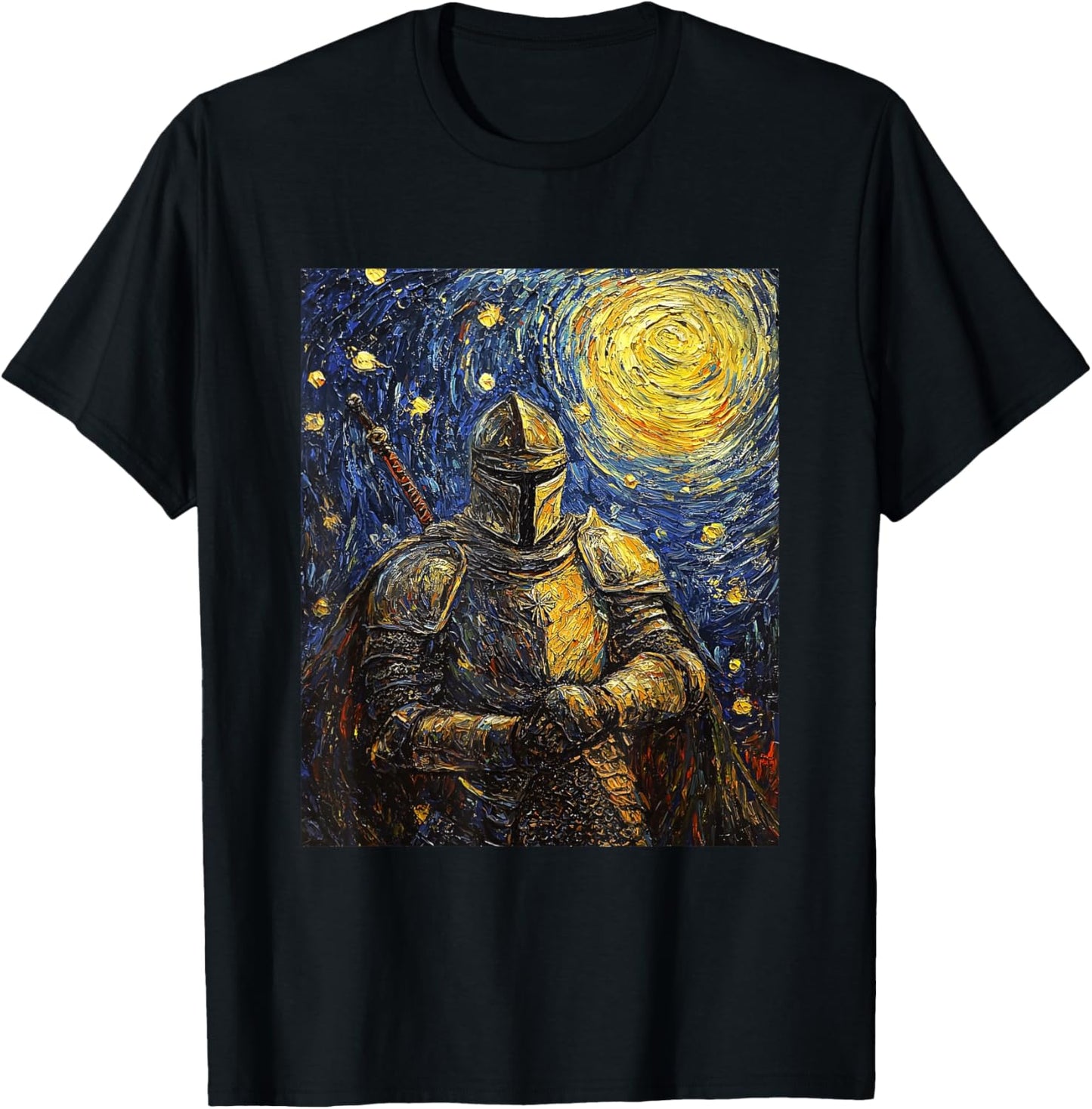 Knight Medieval Van Gogh Style Starry Night Graphic T-Shirt - T-Shirt | Black