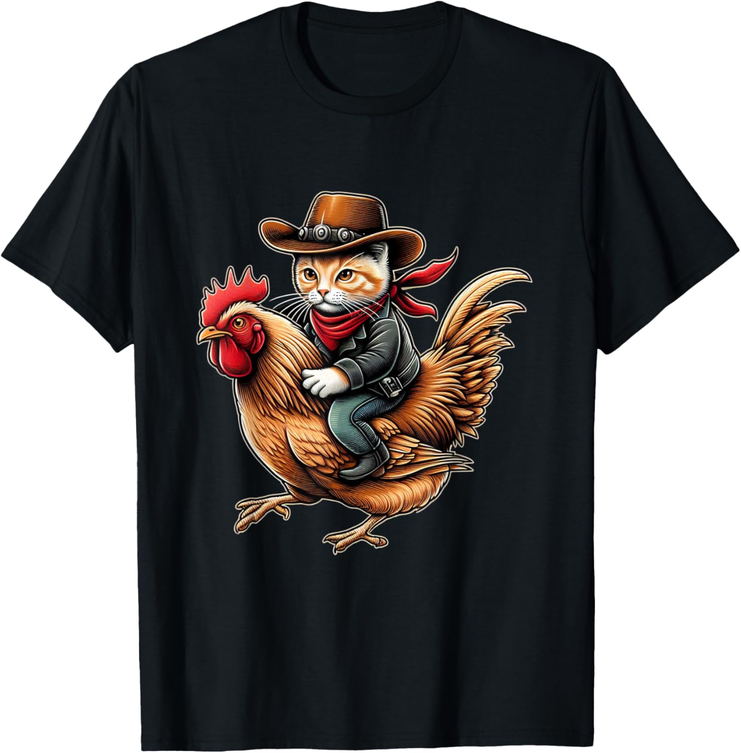 Cowboy Cat Riding Chicken Funny Western Vintage Design T-Shirt - T-Shirt | Black