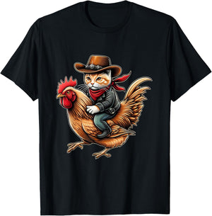 Cowboy Cat Riding Chicken Funny Western Vintage Design T-Shirt - T-Shirt | Black