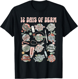 Dermatology Nurse Christmas Funny 12 Days Of Derm Retro T-Shirt - T-Shirt | Black