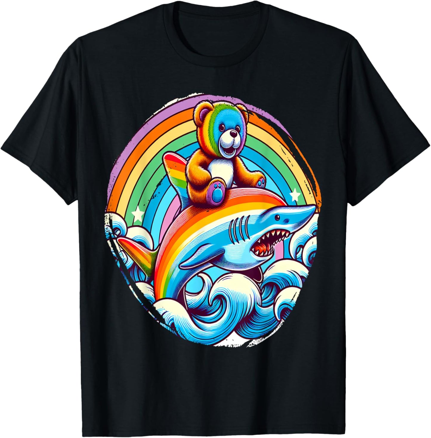 Teddy Bear Riding Shark on Rainbow T-Shirt - T-Shirt | Black