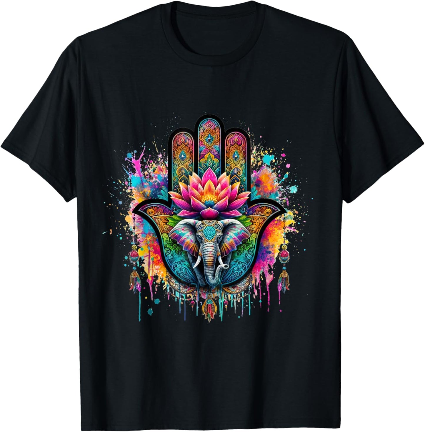 Beautiful Hamsa Hand Colorful Art with Elephant and Lotus T-Shirt - T-Shirt | Black