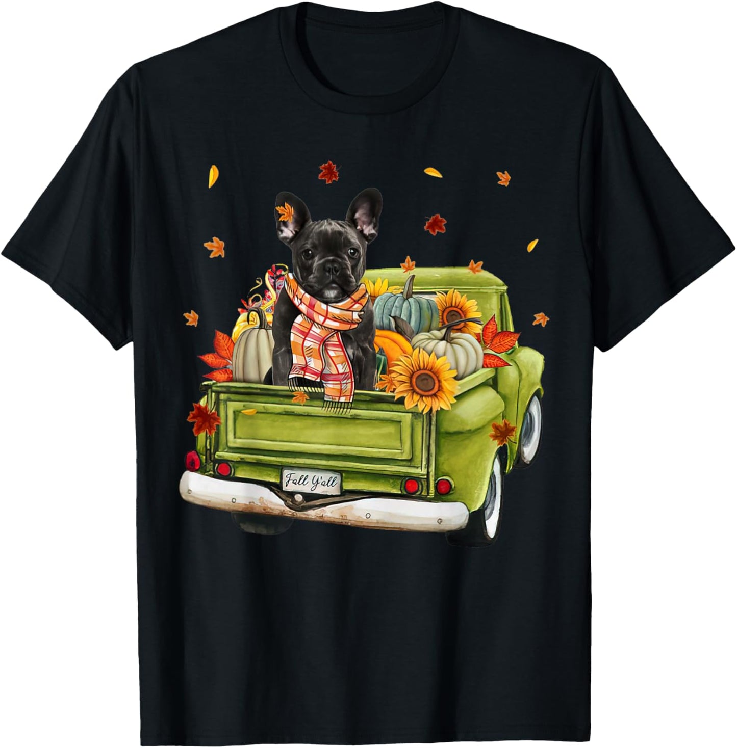 Happy Fall Y'all French Bulldog Dog On Truck Pumpkin Fall Men Women T-Shirt - T-Shirt | Black